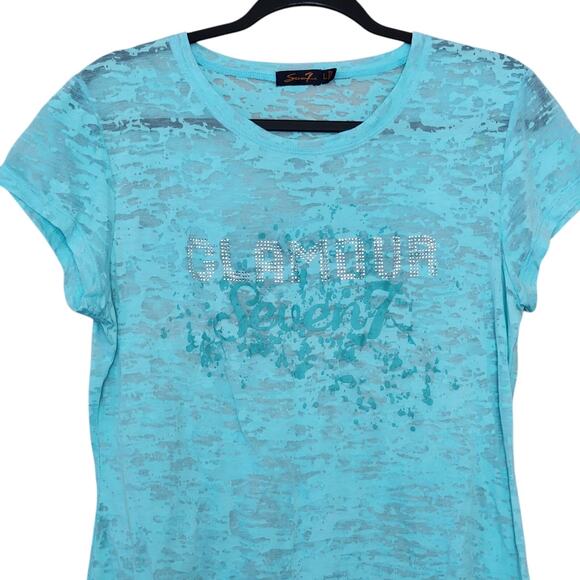 Seven7 Womens Burnout Tee Size L Blue Sheer Short Sleeve Embellished Top - Picture 3 of 11